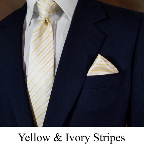 NEW Luciano Ferretti Silk Tie w/Pocket Square - Yellow & Ivory Stripes - Picture 3 of 3